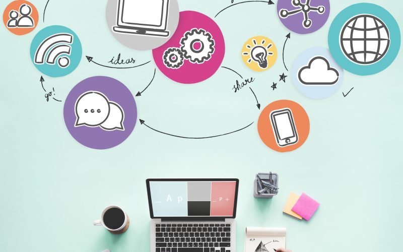 Aerial view of woman working on social media