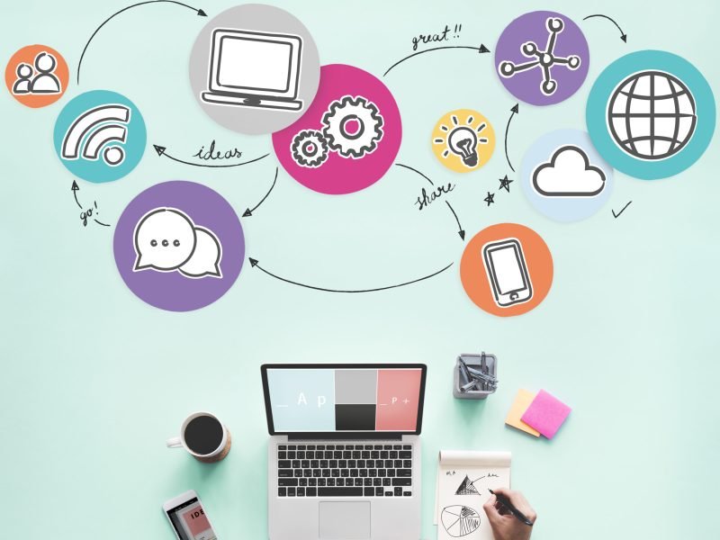 Aerial view of woman working on social media